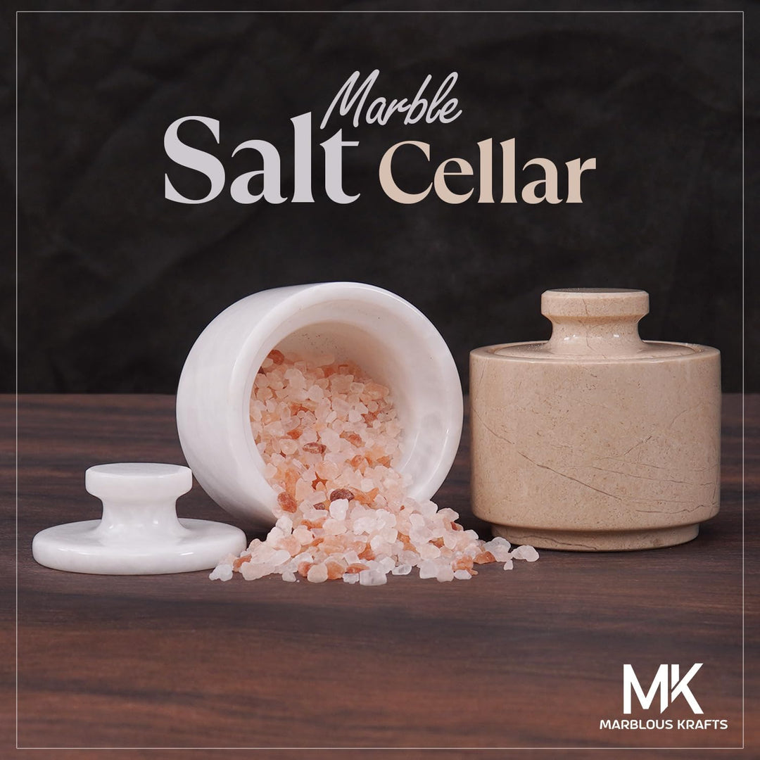 MARBLOUS KRAFTS Marmor-Salzkeller mit Deckel, 7,6 cm, Weiss und Verona Salzhalter, ideale Zucker-, S