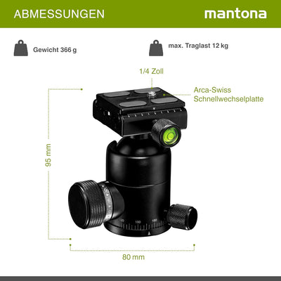 Mantona Onyx 12 Kugelkopf (M1-3612A) Arca-Swiss kompatible Schnellwechselplatte 50 mm, professionell