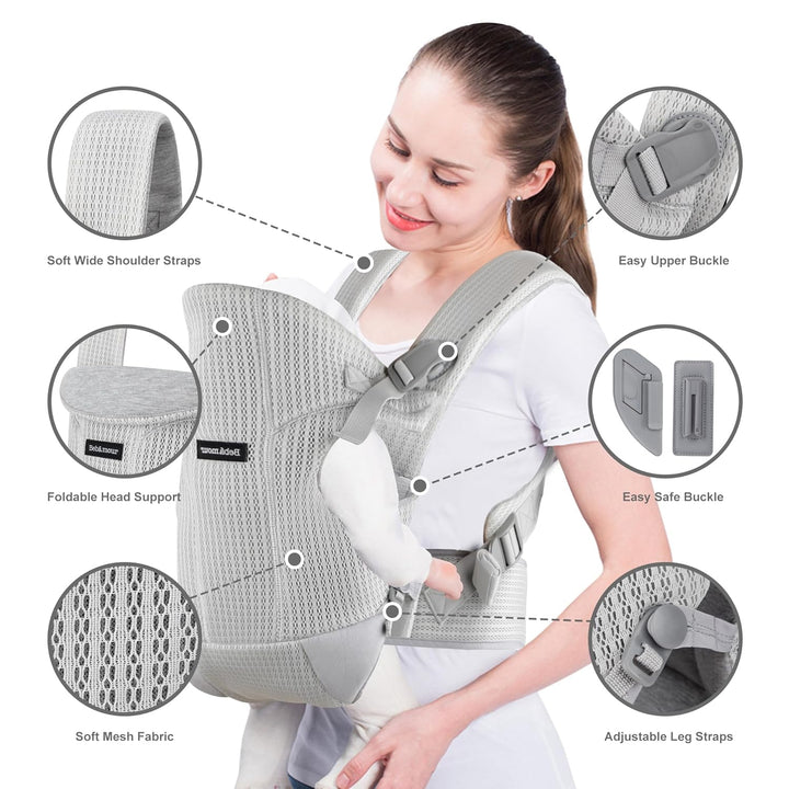 Bebamour Babytrage Vorder und Rückentrage mit 2 Schulterlätzchen,Light Grey, Light Grey