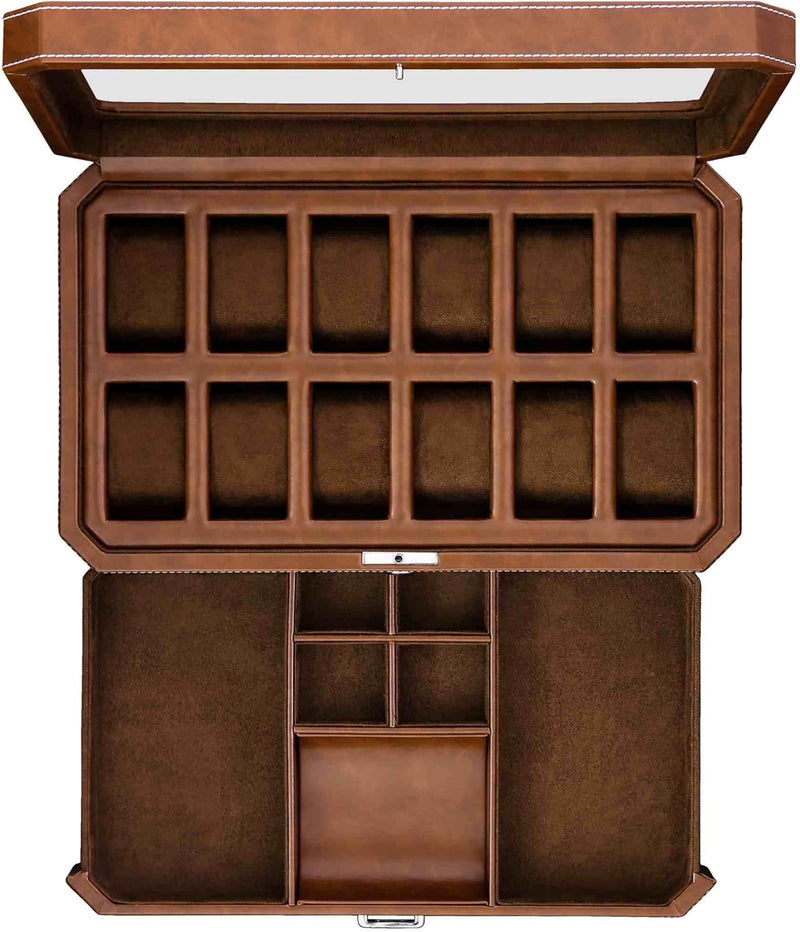 ROTHWELL 12-Fach-Leder-Uhrenbox mit Valet-Schublade – 12-Fach-Luxus-Uhrenetui, Display-Organizer, Mi