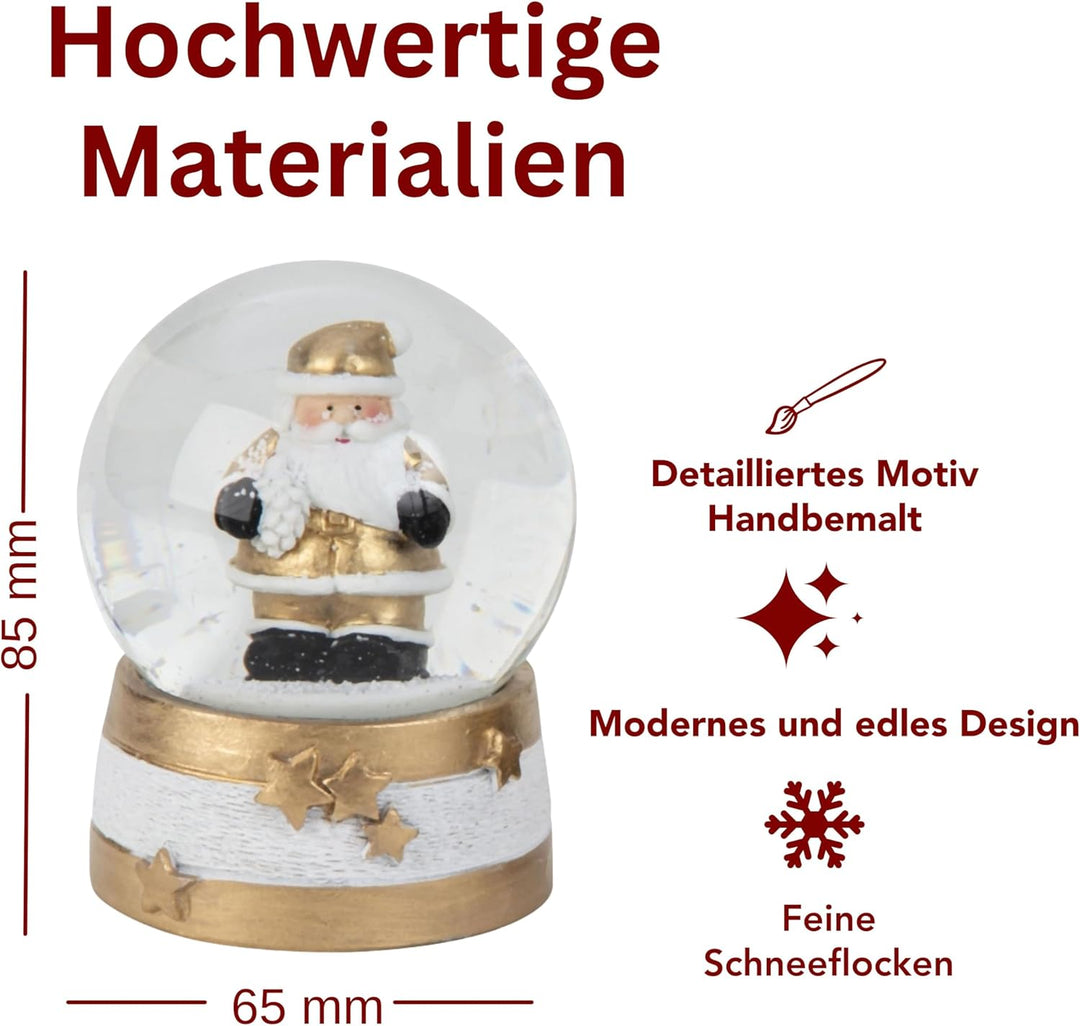 4 x süsse Schneekugeln Nostalgie in 2 Formaten | Edles Design in Gold weiss schwarz | Weihnachtsmann