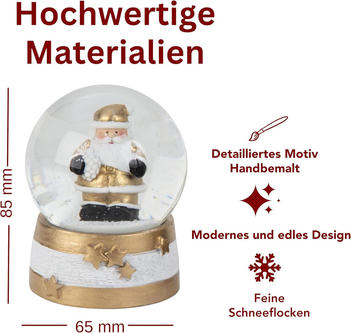 4 x süsse Schneekugeln Nostalgie in 2 Formaten | Edles Design in Gold weiss schwarz | Weihnachtsmann