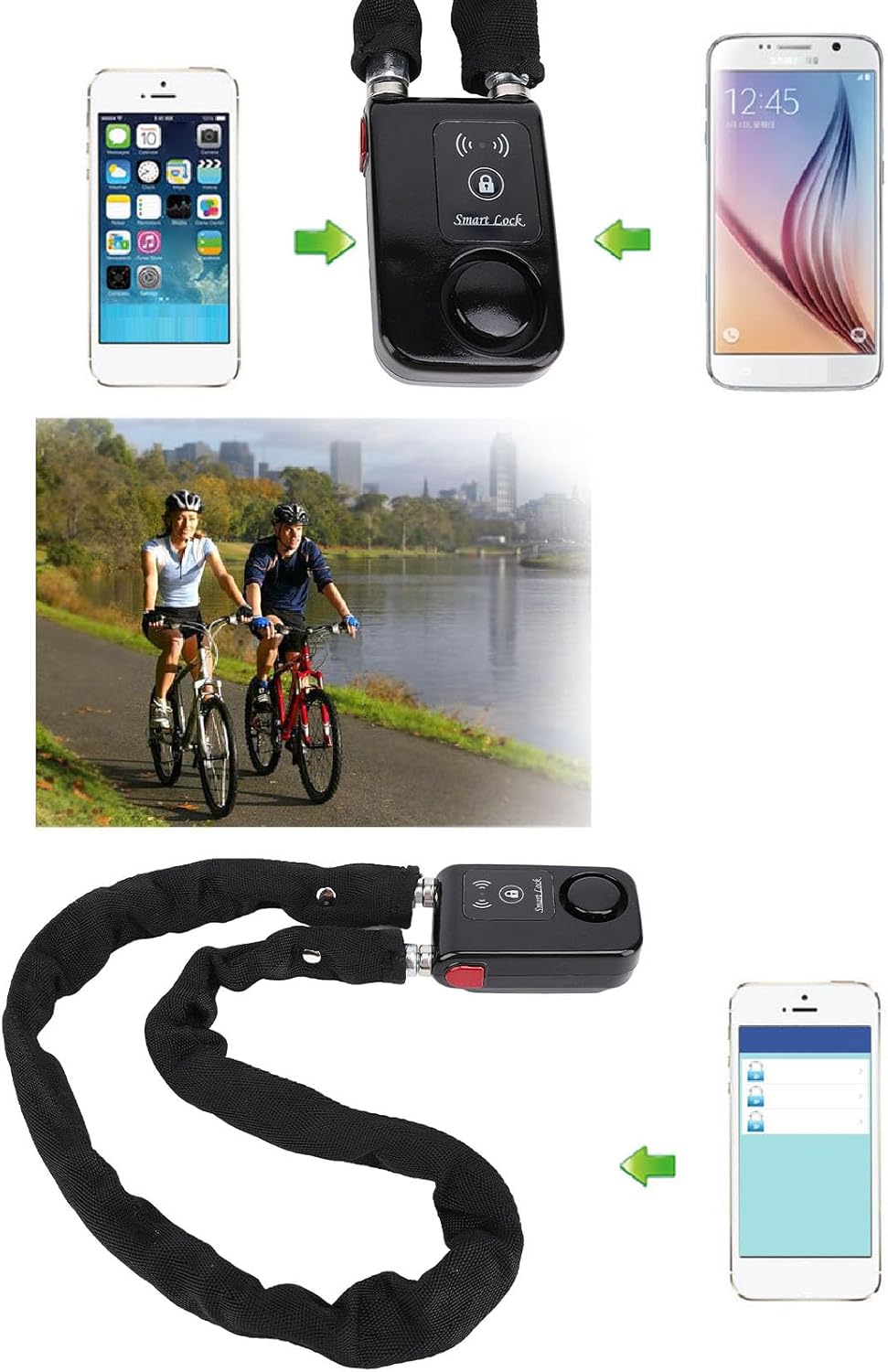 Bluetooth Kettenschloss, APP Steuerung, Fahrradschloss mit Vibrationsalarmfunktion, Wasserdichtes Sc