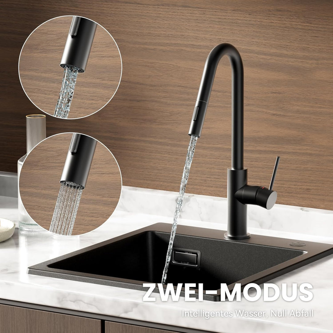 CECIPA Wasserhahn Küche Schwarz, Hochdruck Küchenarmatur mit Brause Ausziehbar, V-förmiger Armatur E