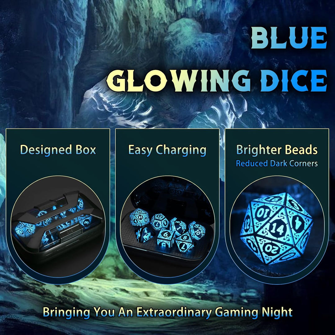 ZHOORQI DND Würfel Set, 7 Pcs LED Dice Wiederaufladbar mit Ladebox, Dungeons and Dragons Würfelset P