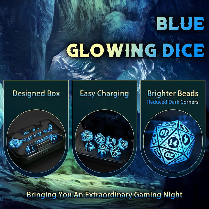 ZHOORQI DND Würfel Set, 7 Pcs LED Dice Wiederaufladbar mit Ladebox, Dungeons and Dragons Würfelset P