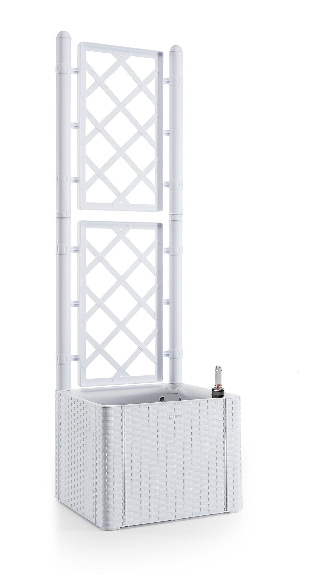Rankgitter, Spalier mit Pflanzkasten in Rattan-Design aus robustem Kunststoff in Weiss. Masse BxTxH