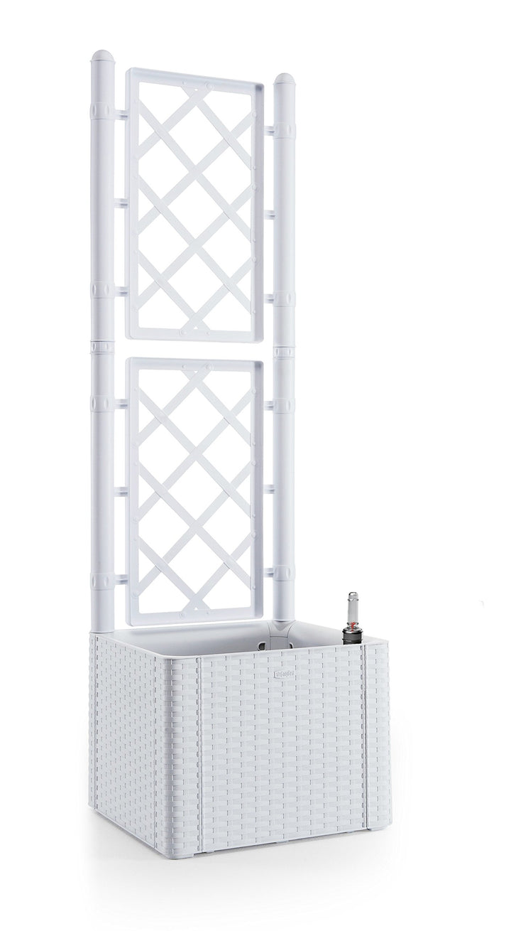 Rankgitter, Spalier mit Pflanzkasten in Rattan-Design aus robustem Kunststoff in Weiss. Masse BxTxH