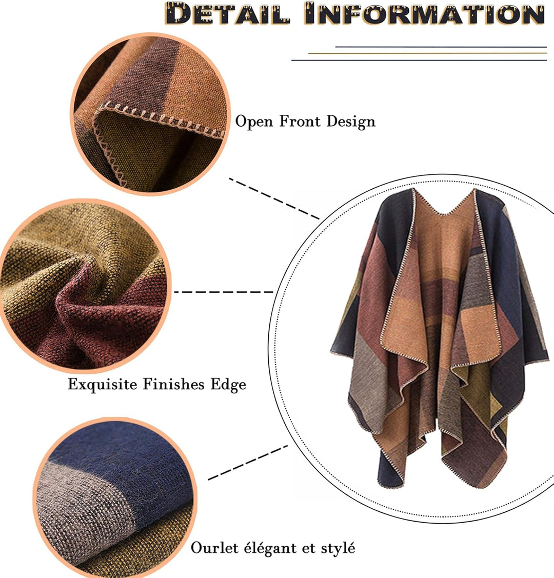 Shmily Girl - Damen Poncho Habe Gestrickt Überdimensionalen Decke Kap-Schal Plaid / Kakhi, Plaid / K