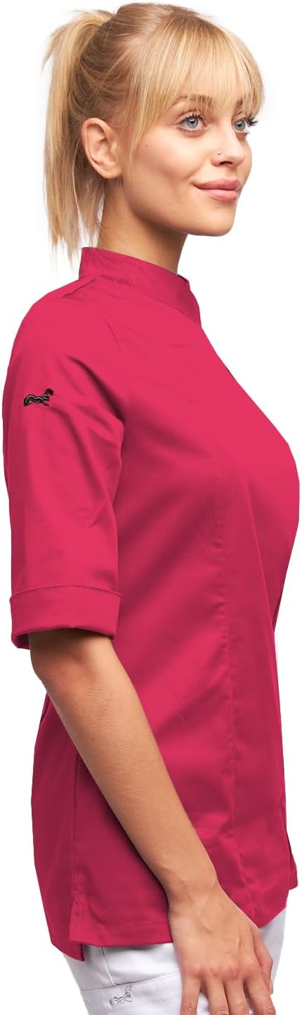 strongAnt Kochjacke Damen kurzarm Stretch mit Druckknöpfen oder Reissverschluss Kochuniform XS Pink