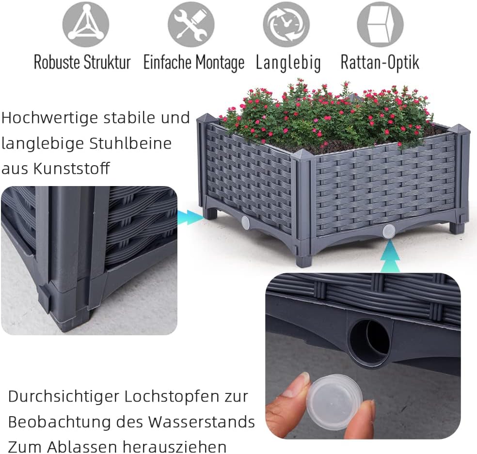 Mingone Blumentopf Rattan Optik aus Kunststoff Blumenkasten Balkonkasten mit Wasserspeicher Pflanzka