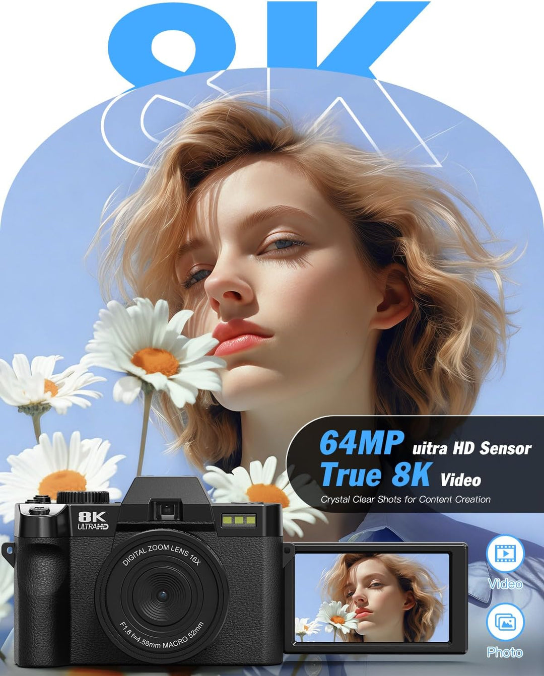 64MP 8K Digitalkamera mit drehbarem Display, 16X Digitalzoom, Autofokus, Anti-Shake, Kompaktkamera f