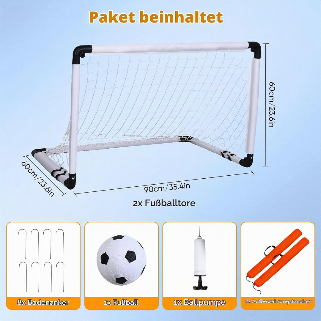2er Faltbar Fussballtor für Kinder, 90x60cm Komplett Set mit Ball, Pumpe &amp; 8 Heringen, 1,5kg Leicht