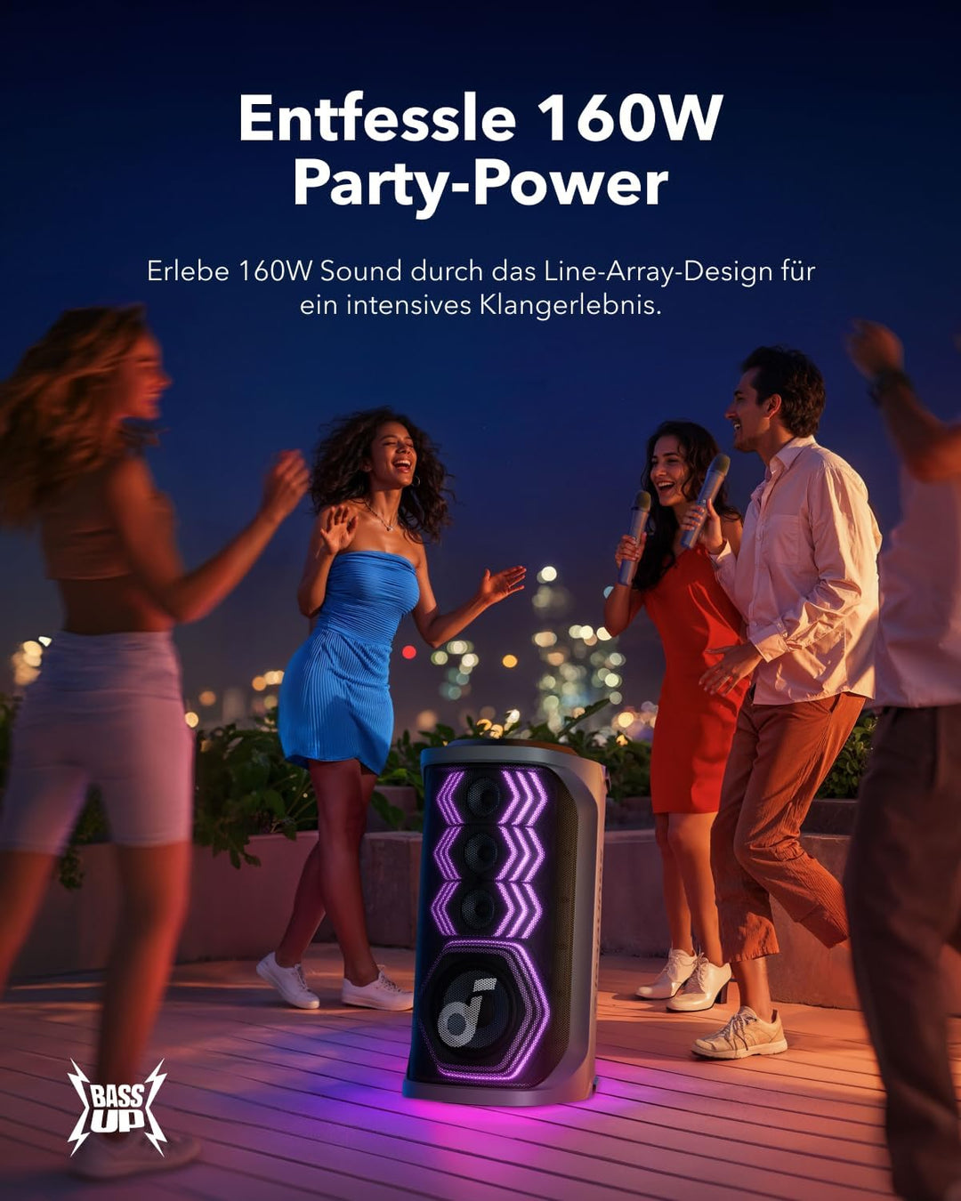 soundcore Rave 3 KI Karaoke-Lautsprecher mit 2 kabellosen Mikrofonen,160W Sound,KI-Stimmentfernung,S