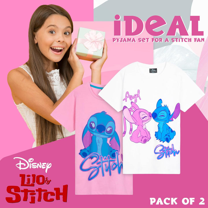 Disney Stitch Schlafanzug Mädchen Kurz, Pyjama T-Shirt & Shorts - Stitch Sachen, 6-7 Jahre Rosa/Blau