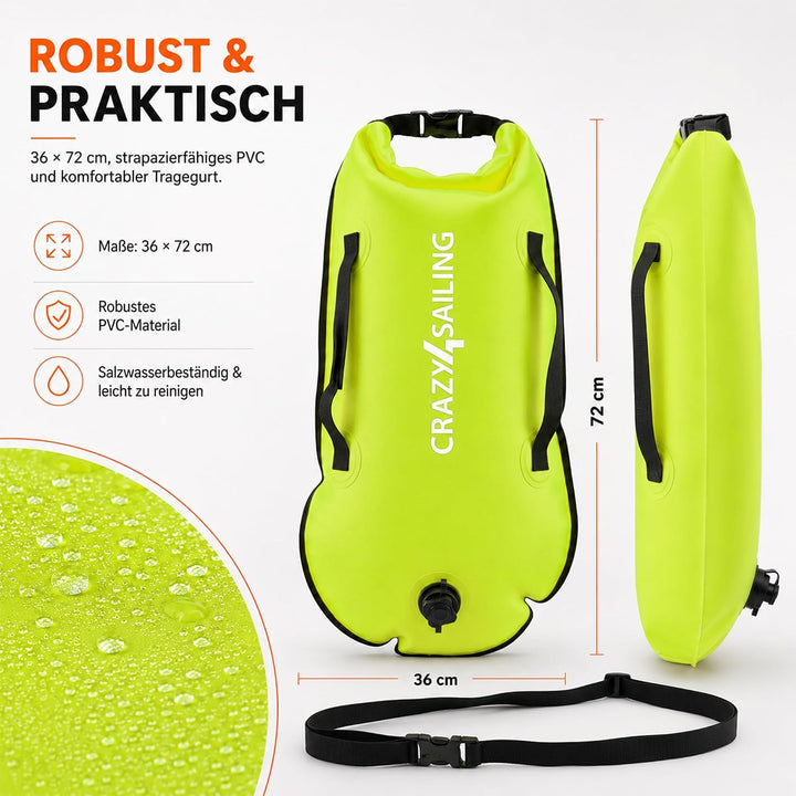 crazy4sailing Schwimmboje Dry Bag, wasserdichter Trockensack & aufblasbare Schwimmhilfe, 36 x 72 cm,