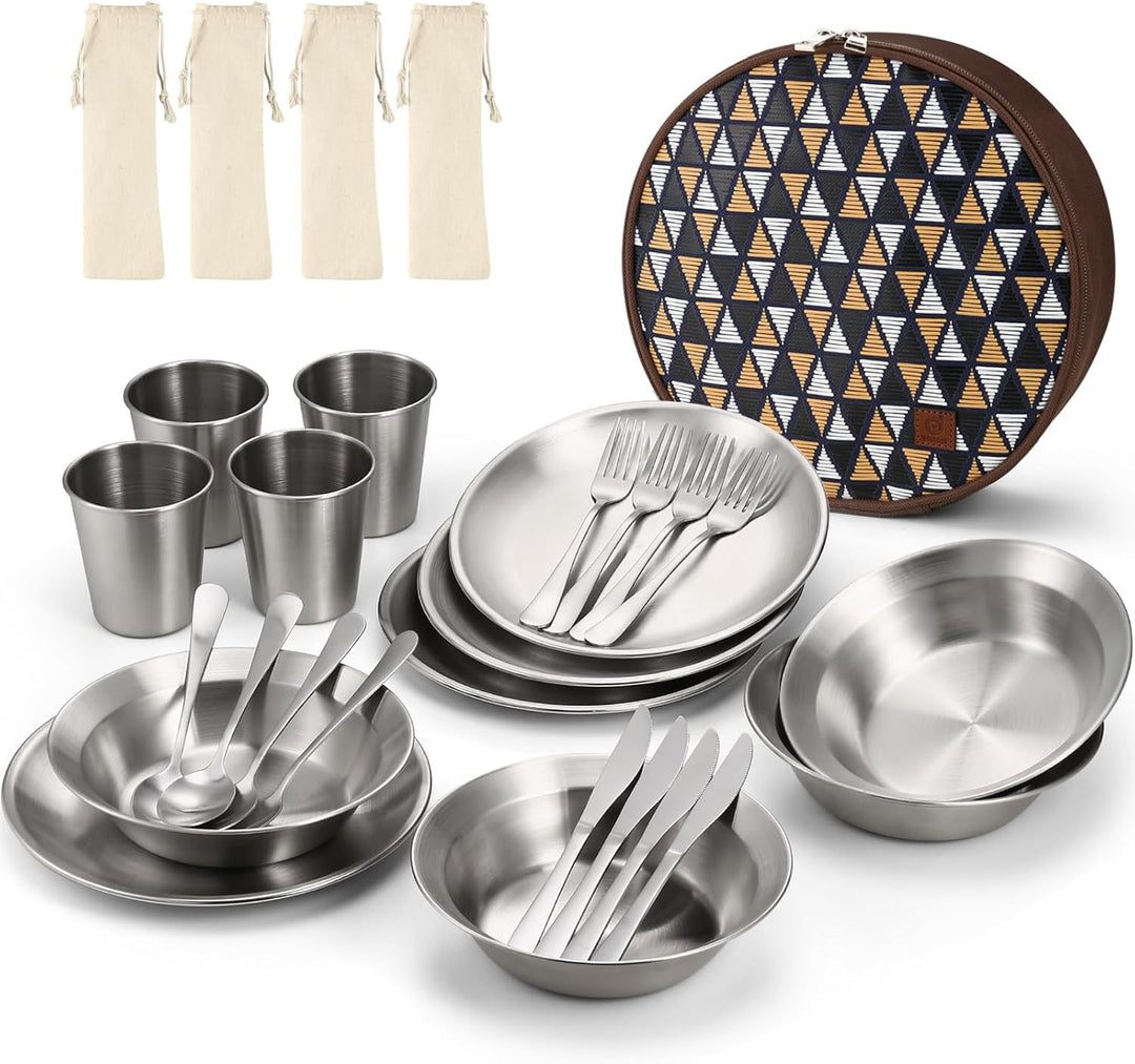 Odoland Campingbesteck Set Geschirrset 25 PCS aus Edelstahl Tafelservice mit Etui Messer Gabel Löffe