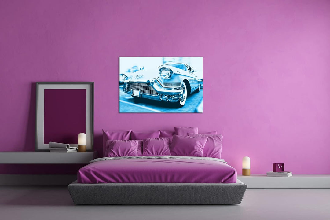 deyoli Ästhetischer Oldtimer Format 80x60 Effekt: Monocrome Blau als Leinwandbild, Motiv fertig gera