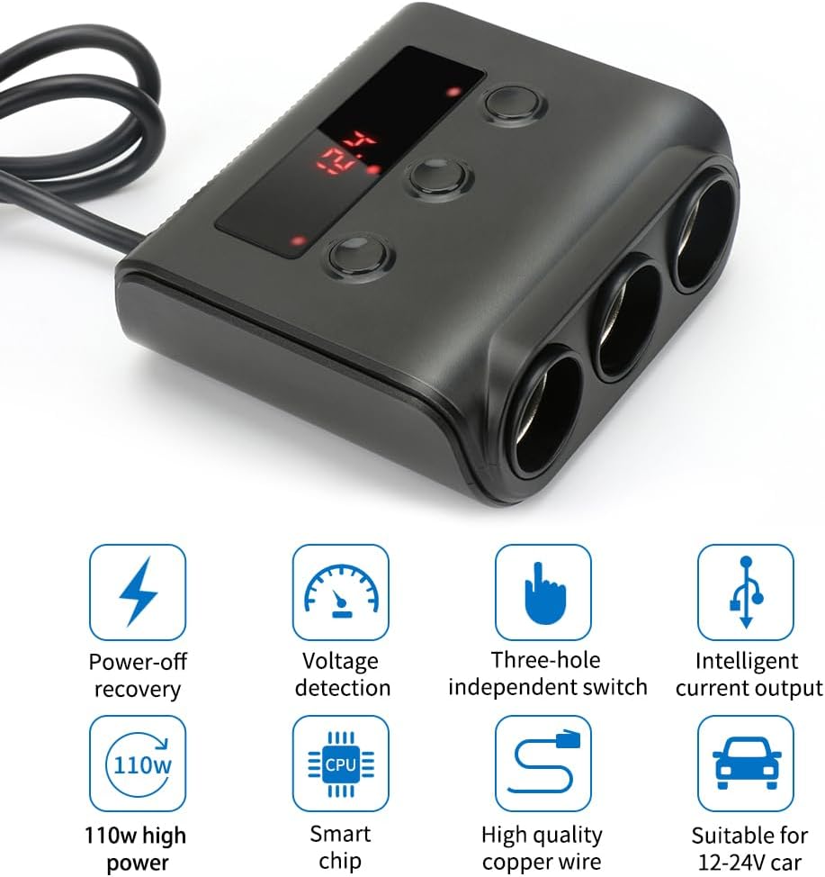 Auto Ladegerät Car Charger, 3 Fach KFZ Verteiler 12/24V Mehrfachstecker Zigarettenanzünder USB Autol
