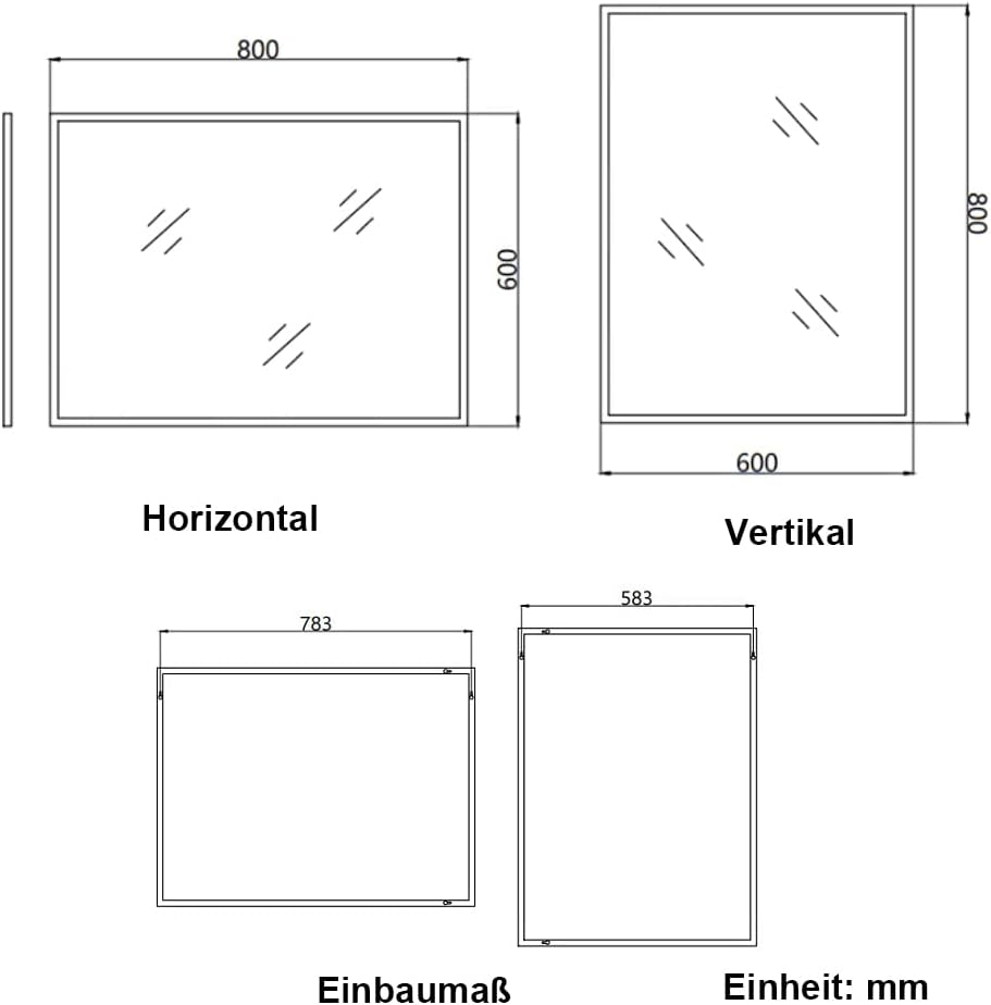 Boromal Badspiegel 80x60cm Spiegel Schwarz Badezimmerspiegel Vertikal/Horizontal Dekorative Wandspie