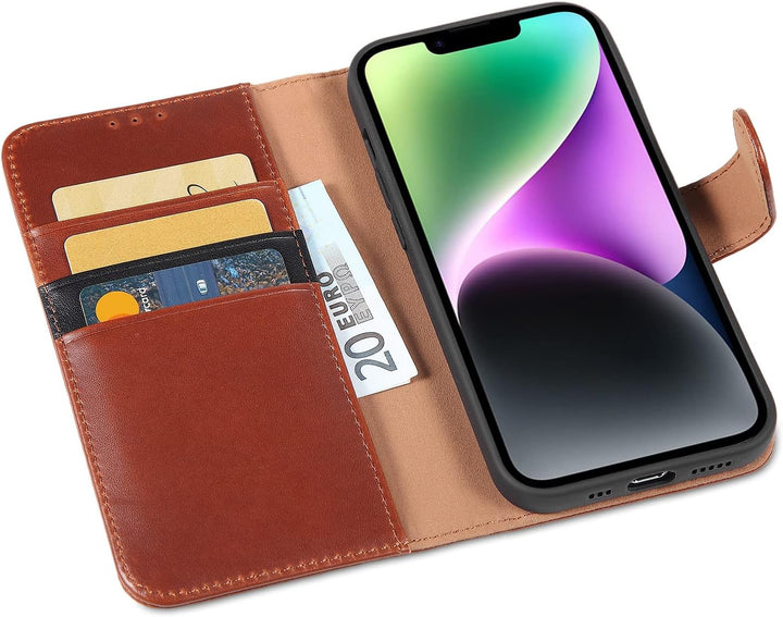 LENSUN Echtleder Hülle für iPhone 14, Leder Handyhülle [Kartenfach][Magnetverschluss][RFID Schutz] H