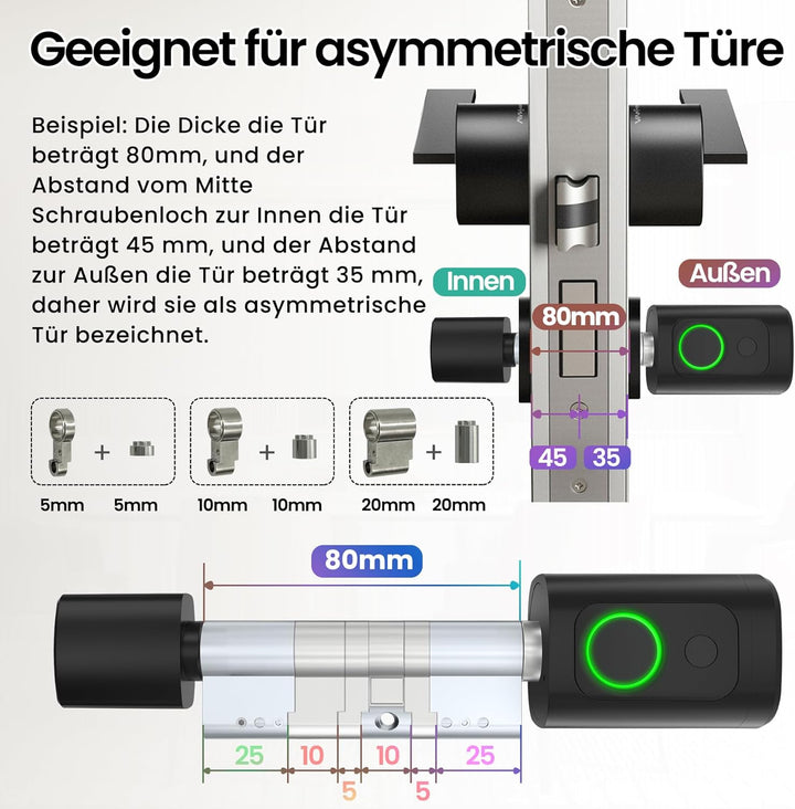 AVATTO Smart Türschloss mit Fingerabdruck und Passwort für 60-90mm Tür, Schliesszilinder Länge ist e