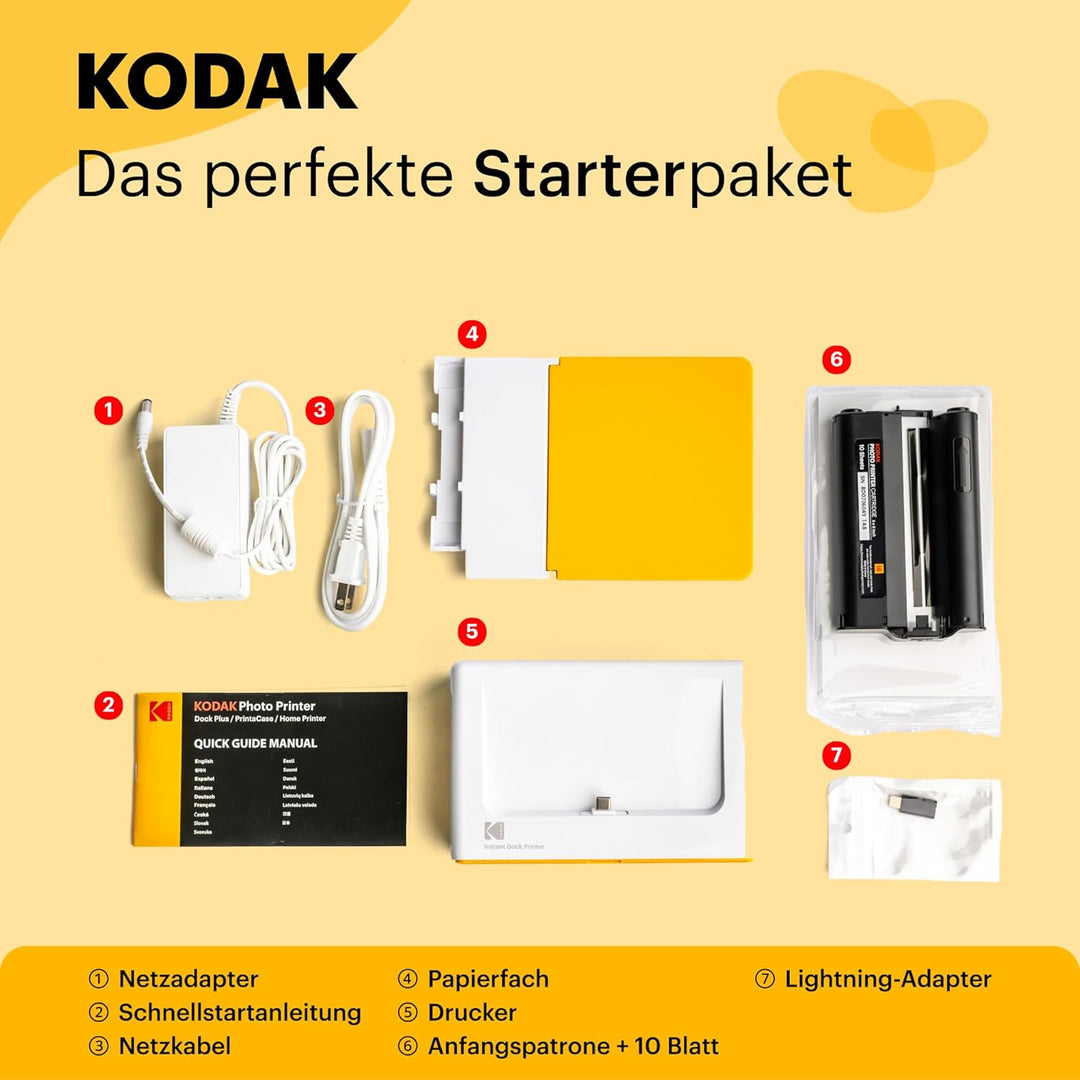 KODAK Dock Plus 4PASS Mobiler Fotodrucker (10x15cm) + 10 Blatts gelb Single, gelb Single