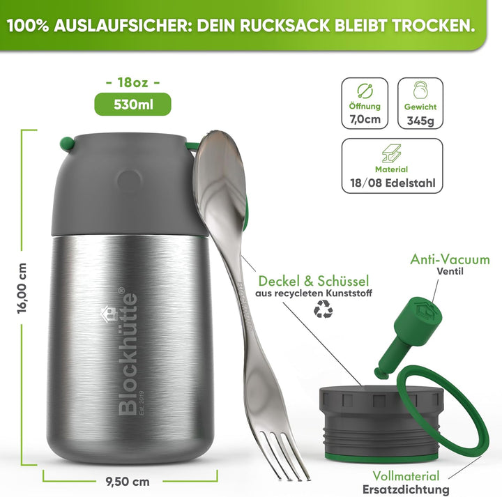 Blockhütte Edelstahl Thermobehälter für Essen I 530 ml I mit Löffel, Thermobecher für Kinder, Erwach