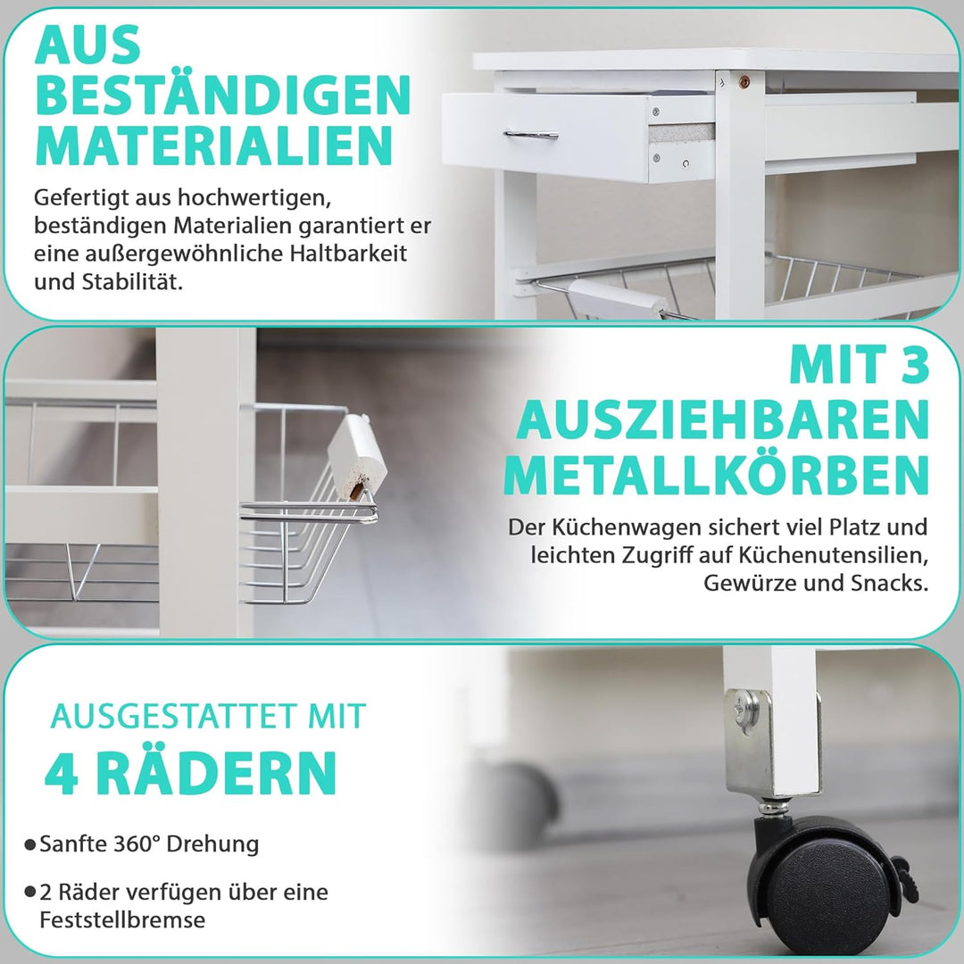 DRULINE Servierwagen Beistellwagen 37x37x76 cm, Multifunktionaler Küchentrolley mit 3 Ebenen, Mobile