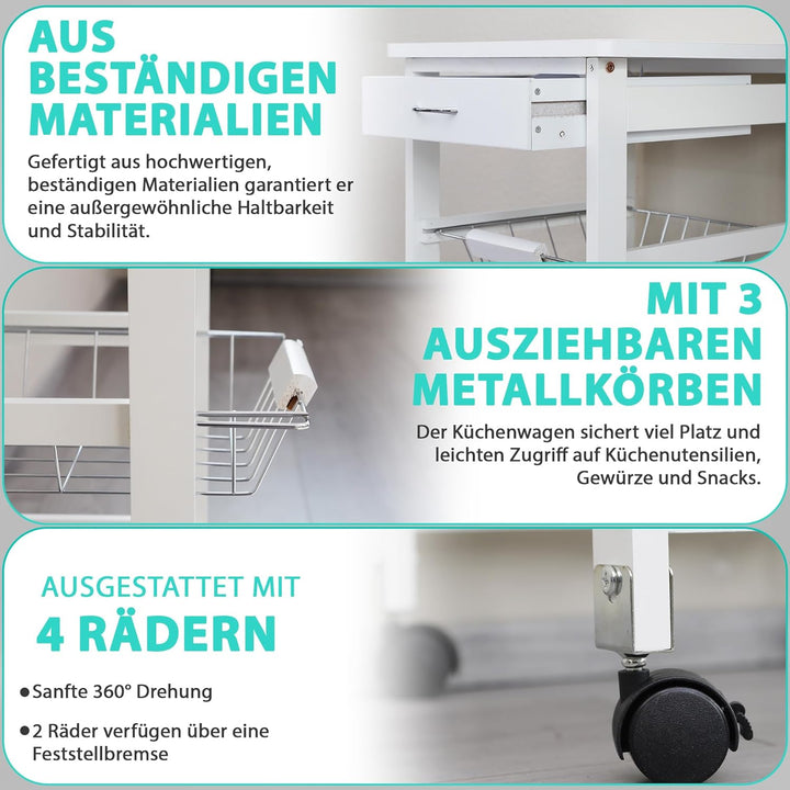 DRULINE Servierwagen Beistellwagen 37x37x76 cm, Multifunktionaler Küchentrolley mit 3 Ebenen, Mobile