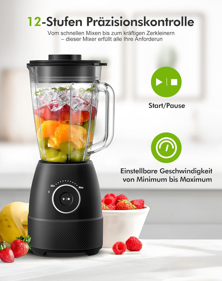 Mixer, Smoothie Maker, Standmixer, 1500 Watt Hochgeschwindigkeits Mixer Smoothie Maker mit 1,5L Glas