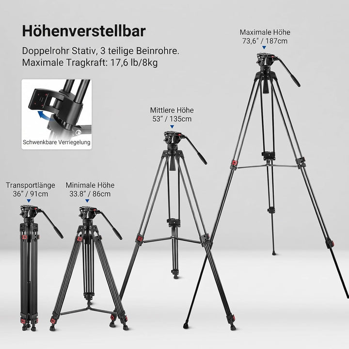 NEEWER 74" Pro Videostativ mit Fluidkopf, QR Platte kompatibel mit DJI RS Gimbals Manfrotto, strapaz