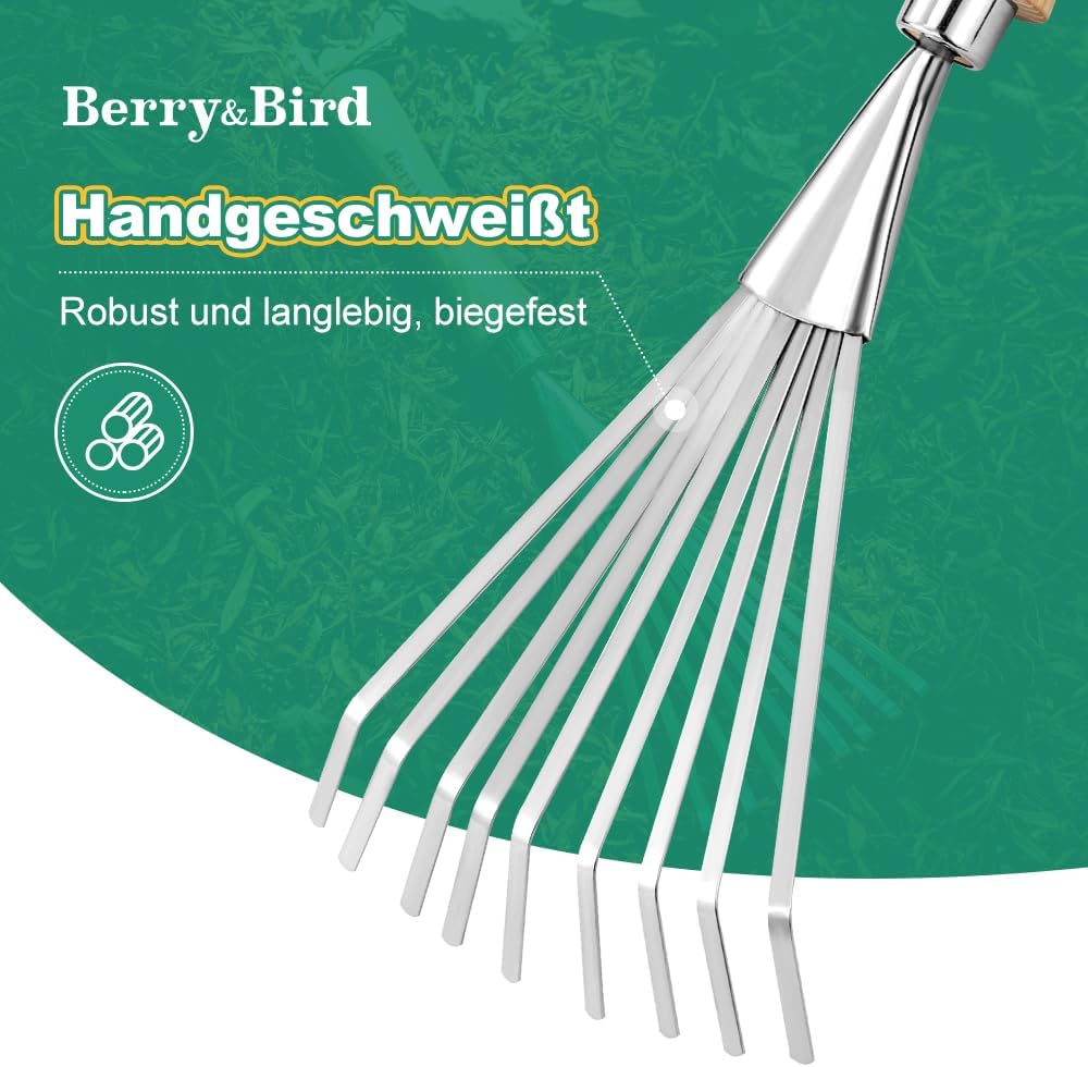 Berry&Bird Hand-Fächerbesen 36,6 cm - Handrechen mit Stiel aus Eschenholz, Gartenwerkzeug mit 9 Flac