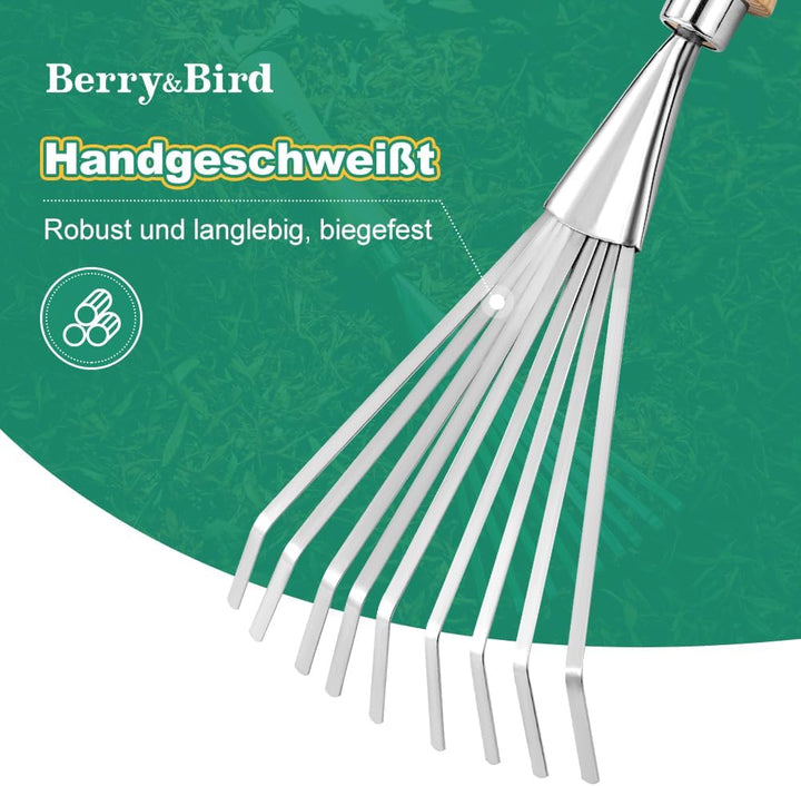 Berry&Bird Hand-Fächerbesen 36,6 cm - Handrechen mit Stiel aus Eschenholz, Gartenwerkzeug mit 9 Flac