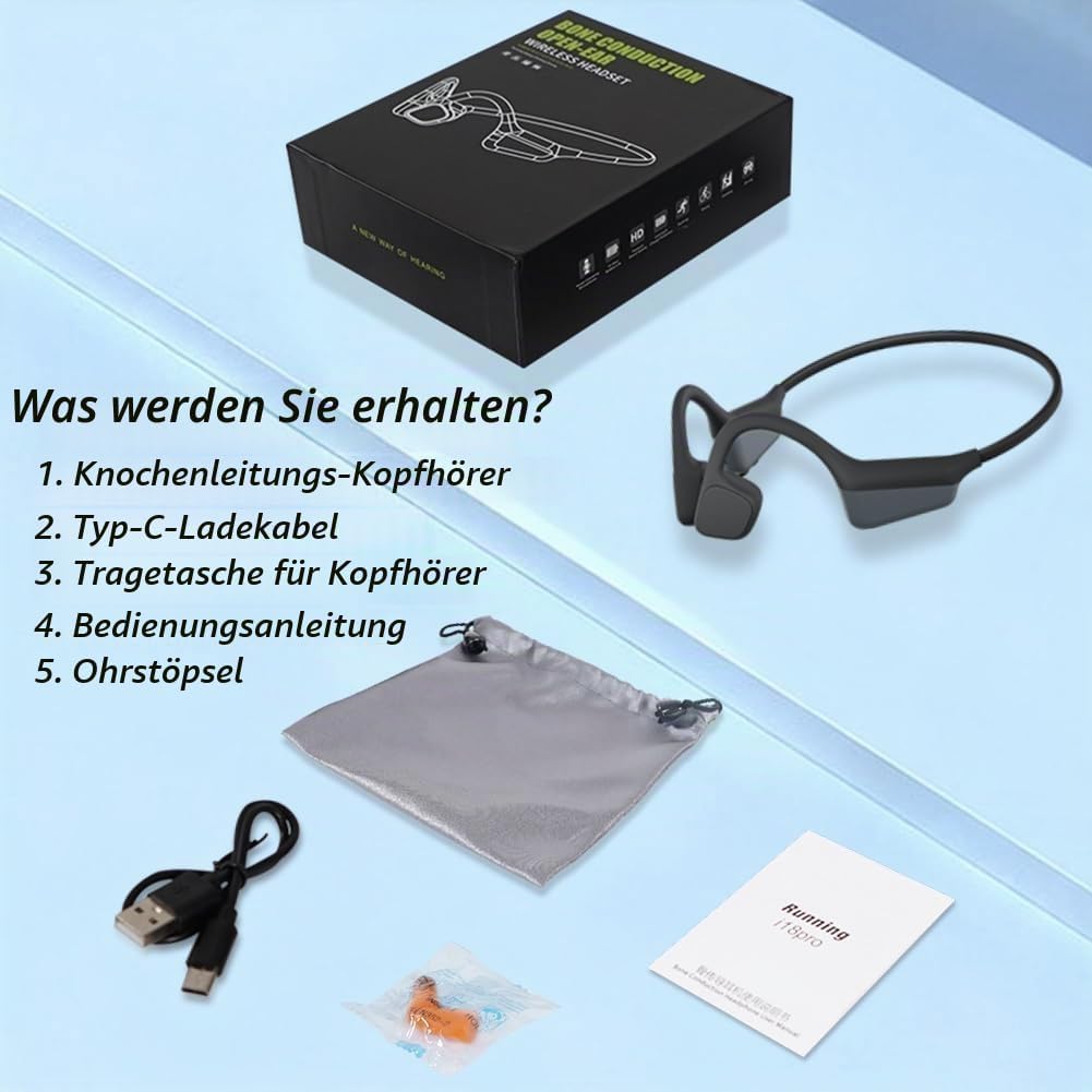 Knochenschall Kopfhörer, Open Ear Bluetooth 5.3 Kopfhörer Kabellos, 8 Stunden Akkulaufzeit, IPX5 was