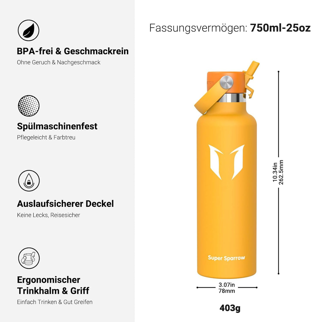Super Sparrow Trinkflasche Edelstahl - Thermobecher - 350ml, 500ml, 750ml, 1L, 1.2L - FlipFlow Trink