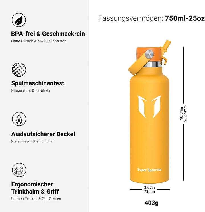 Super Sparrow Trinkflasche Edelstahl - Thermobecher - 350ml, 500ml, 750ml, 1L, 1.2L - FlipFlow Trink