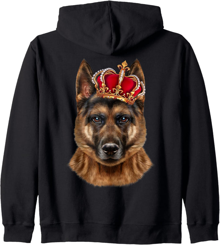 Deutscher Schäferhund die königliche Krone trägt Kapuzenjacke