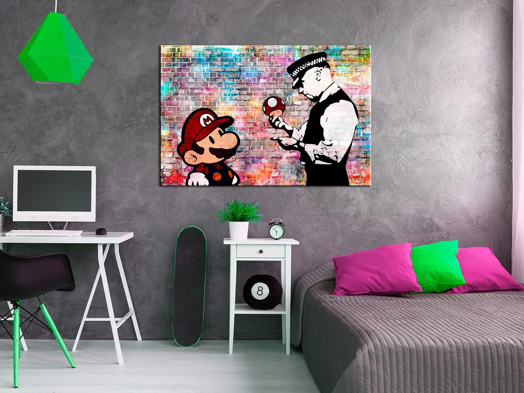 murando Akustikbild Banksy Super Mario Mushroom Cop 120x80 cm Bilder Akustikschaum Hochleistungsscha