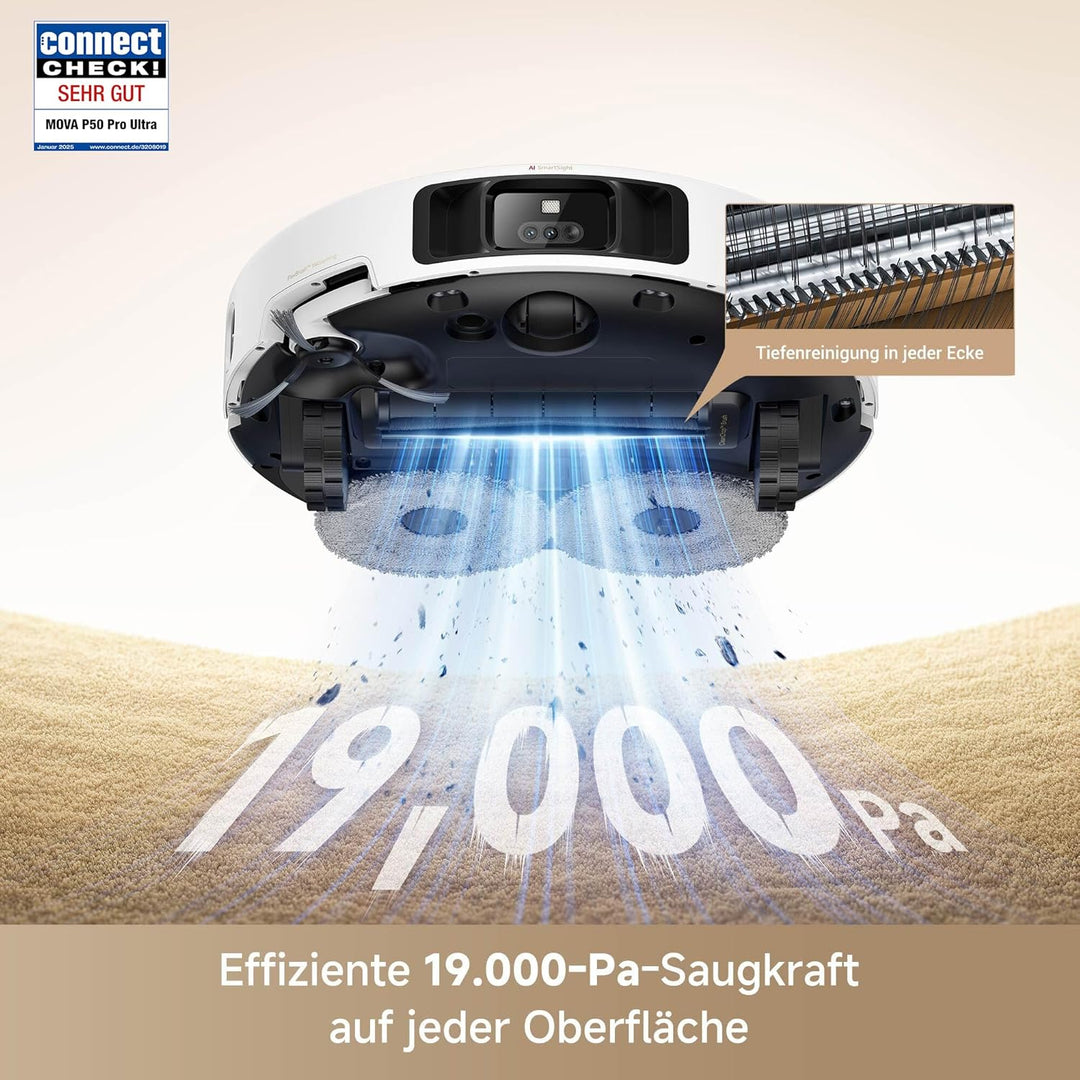 Mova P50 Pro Ultra Staubsaugerroboter mit Mopp, 19.000 Pa, 75℃ Selbstreinigender Heisswasser-Mopp mi