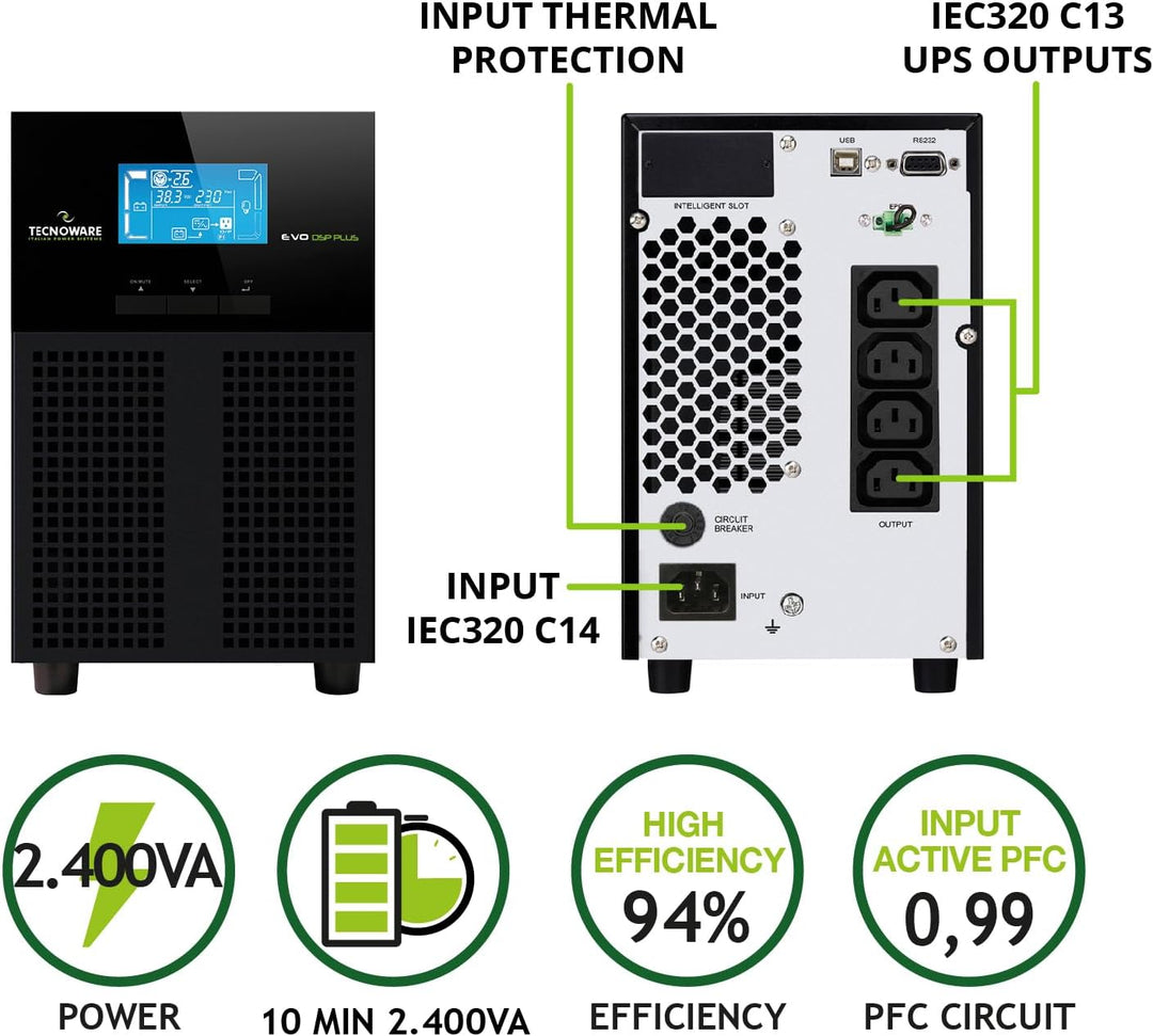 Tecnoware Power Systems - USV EVO DSP Plus 2.400, Online-Technologie VFI, Effizienz 94%, Vollständig