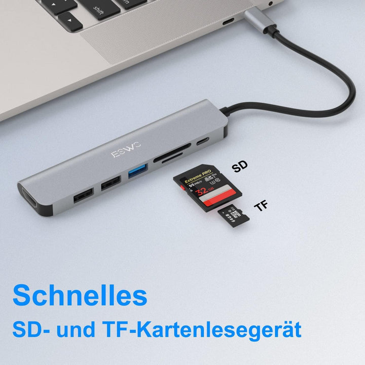 USB C Hub, JESWO 7 in 1 USB C Adapter mit 4K HDMI, 1 USB 3.0, 2 USB 2.0, SD/TF Kartenleser und 100W