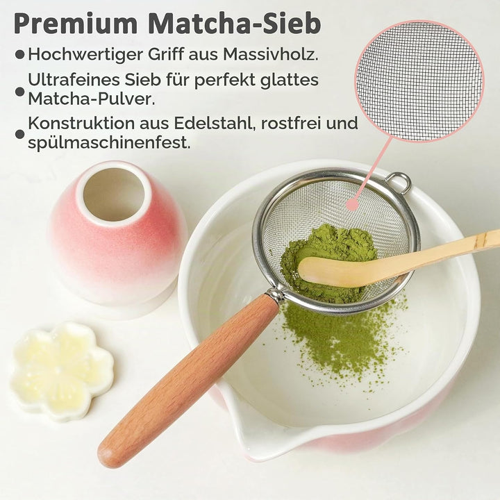 Premium Matcha Set 7-teilig – Exklusives Teezeremonie-Set mit Bambus-Chasen (Besen),Rosa Keramik-Sch