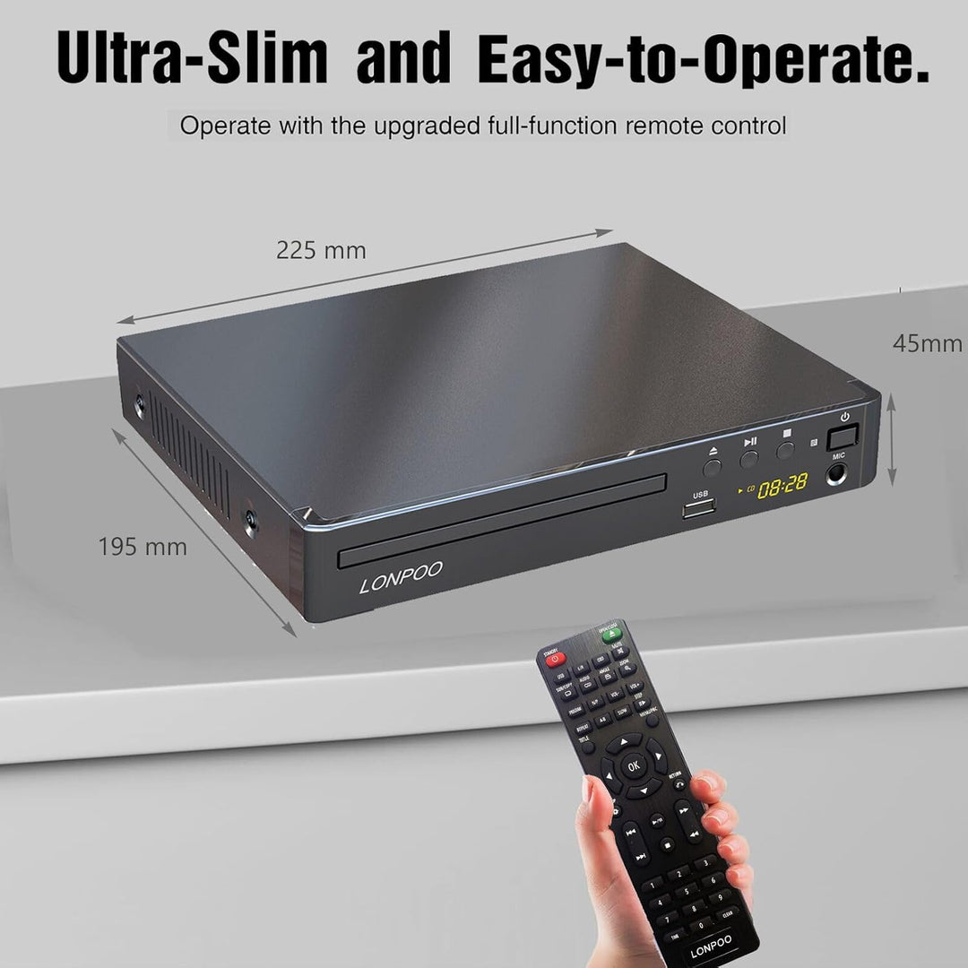 LP-099 DVD Player for TV, Region-Free CD Player with HDMI Connection (1080p Upscaling), AV Output, U