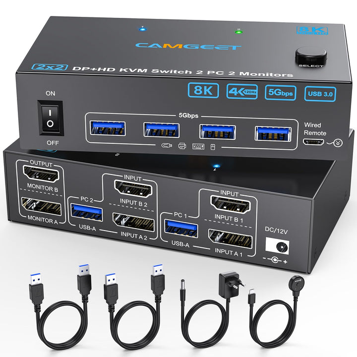 Displayport HDMI KVM Switch 2 PC 2 Monitore 4K@144Hz, Camgeet USB3.0 Dual Monitor KVM Switches für 2