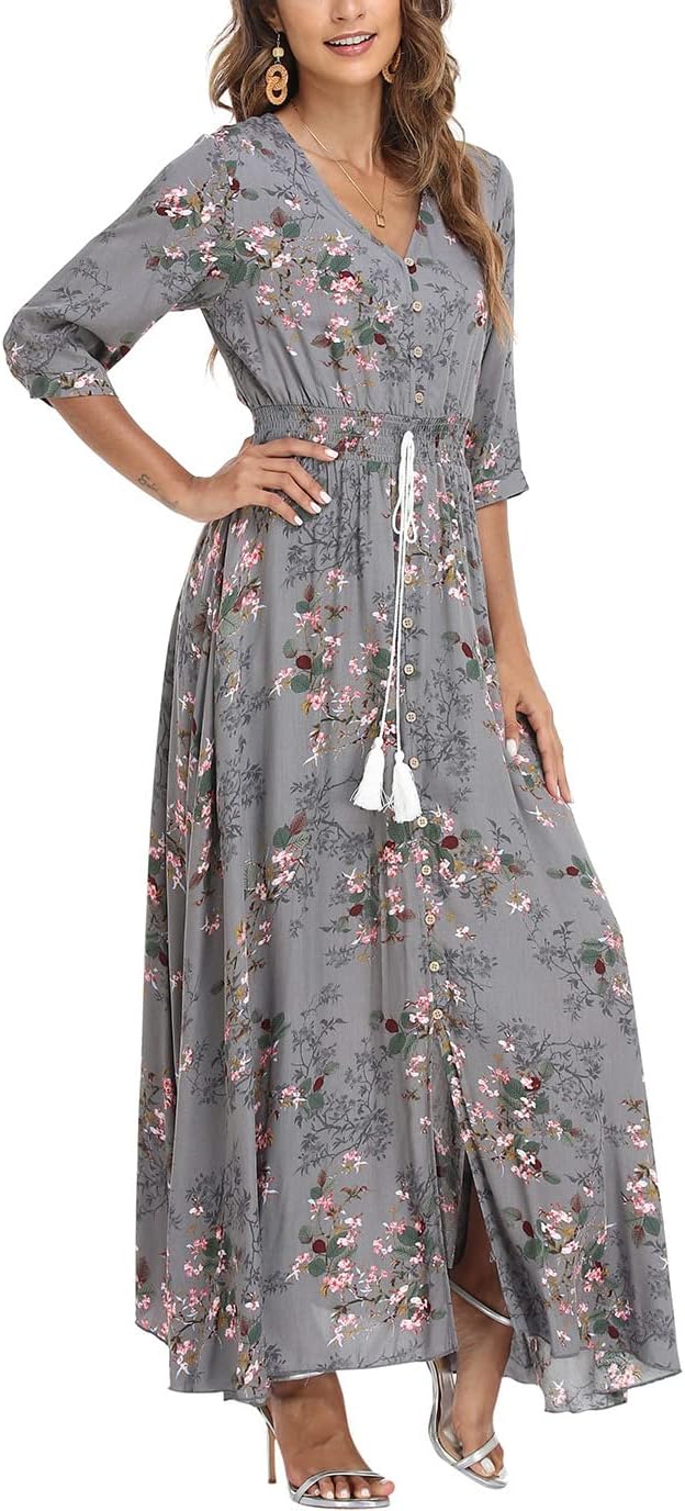 VOGMATE Damen Lange Split Knopf Up Sommer Maxikleid Floral Strandwear Holidy Kleid Hohe Taille mit k