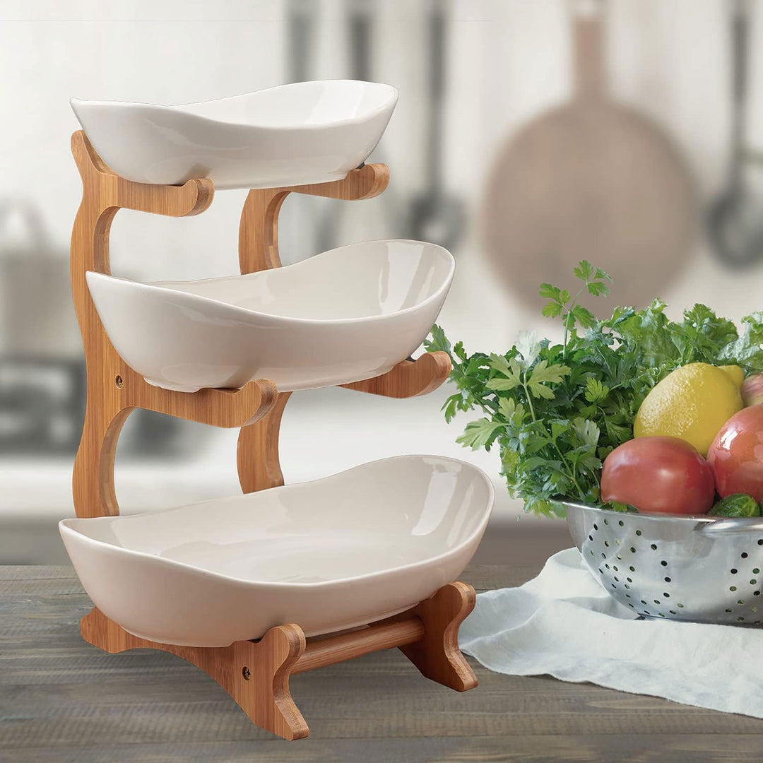 Dimono® Etagere Deluxe Servier-Ständer; 3-Etagen Keramik-Servierschalen; Obst- & Gemüseschale mit Ba