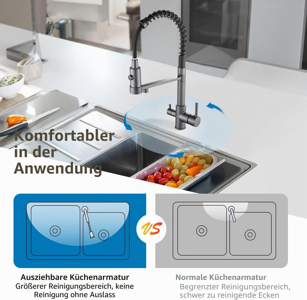 3-Wege-Küchenarmatur, 360° drehbarer Mischbatterie, Spültischmischer mit flexiblem Auslauf, Küchenar