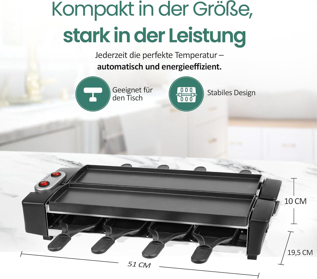 EMERIO Raclette mit wertigen Druckguss-Platten | Gerät klappbar | 2x 40,6x10cm PFAS-freie Antihaftbe