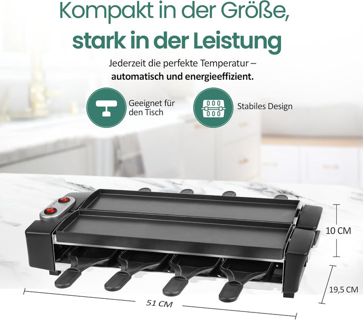 EMERIO Raclette mit wertigen Druckguss-Platten | Gerät klappbar | 2x 40,6x10cm PFAS-freie Antihaftbe